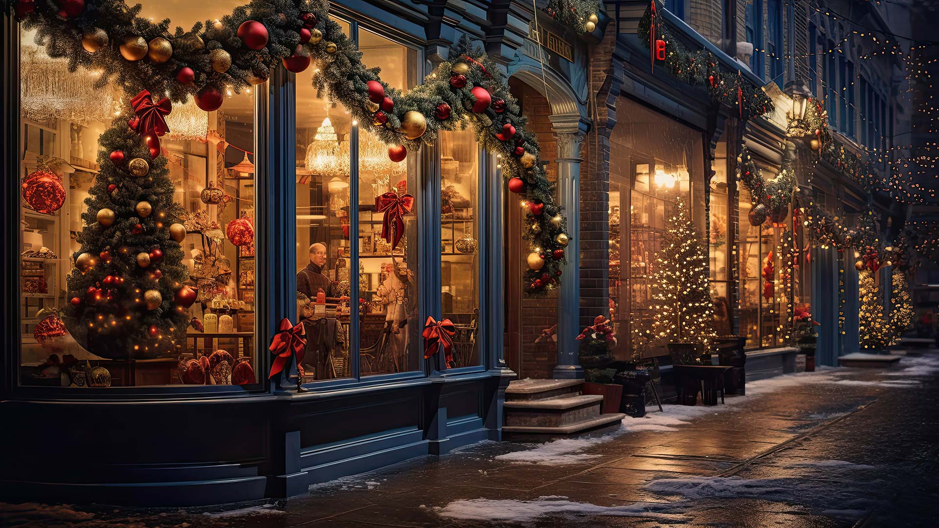 Q5 post image of rows of festively decorated storefronts with holiday sales signs twinkling lights and happy shoppers.