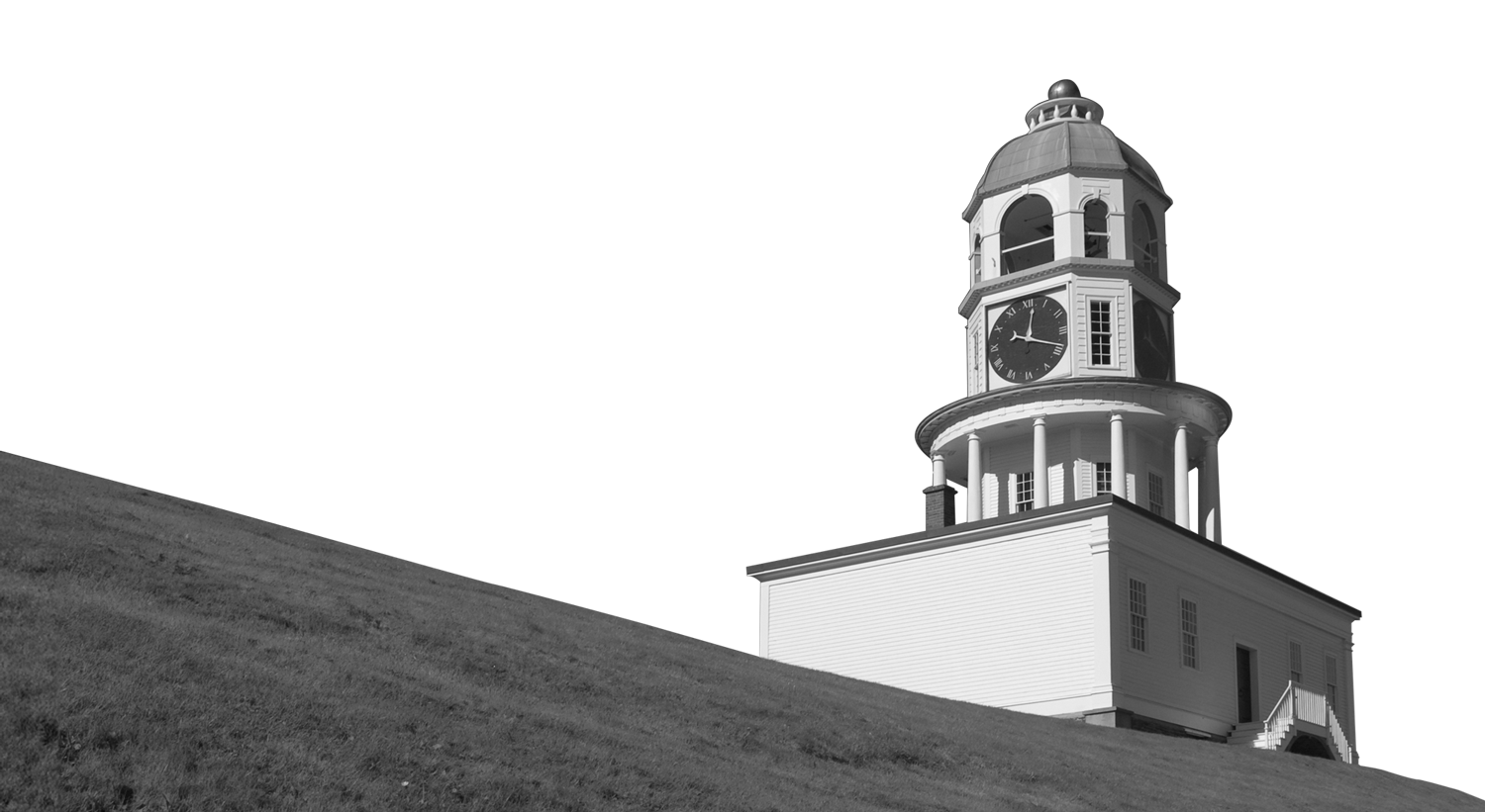 A black and white photo of the Citadel Hill clock.