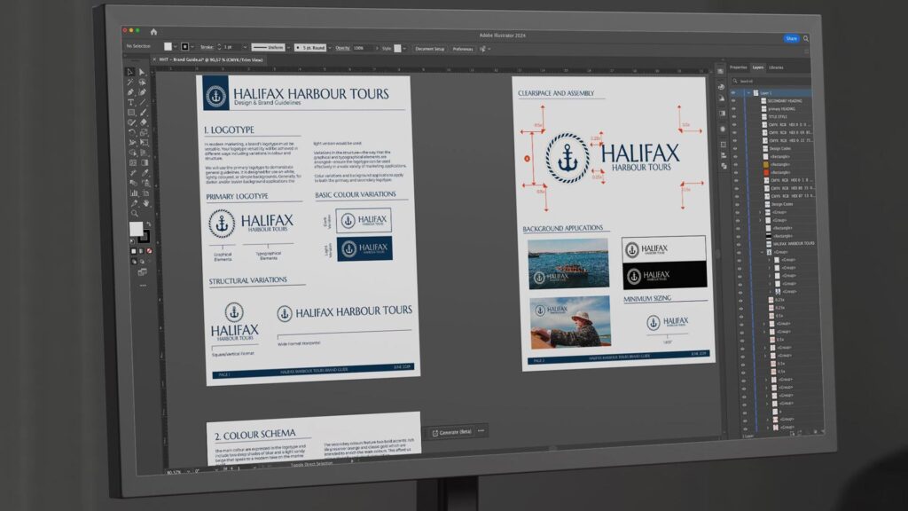 A computer monitor displaying an open file containing logo variations and a safe space template, demonstrating brand design versatility and adherence to design guidelines. Small business logos