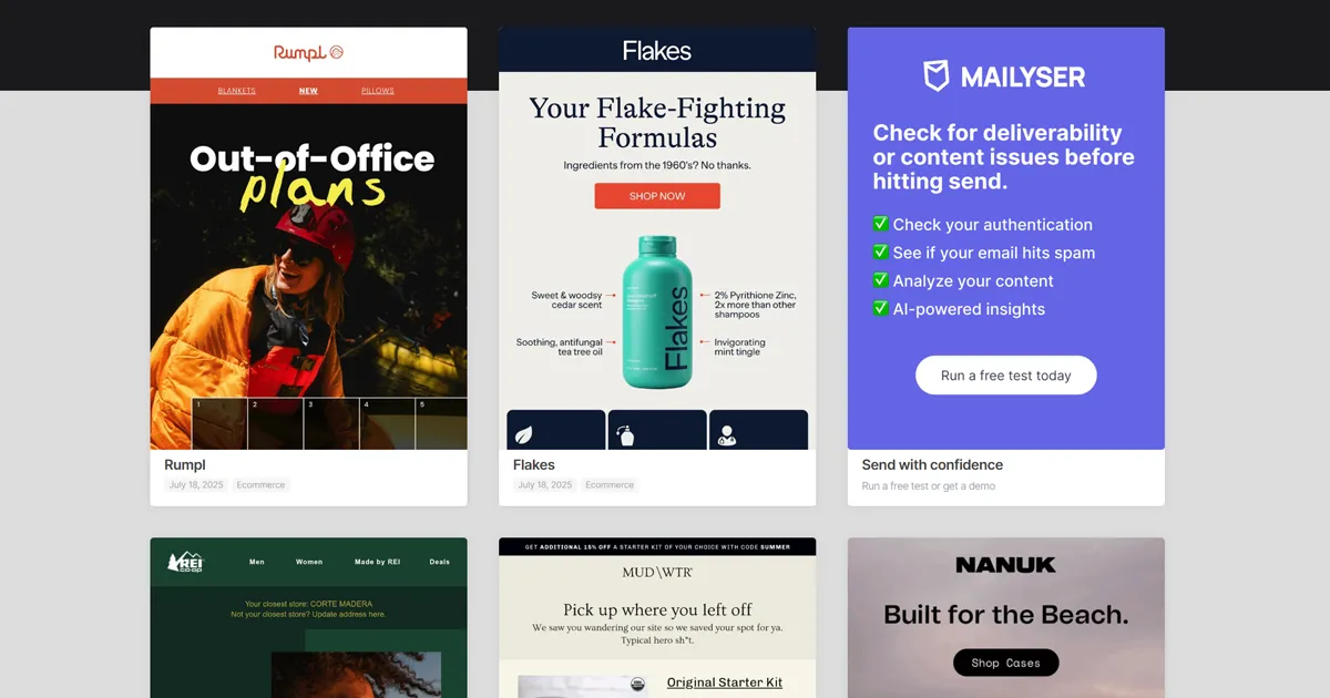 email design inspiration featuring a variety of email campaign designs from various brands. No legible text. Decorative value only.