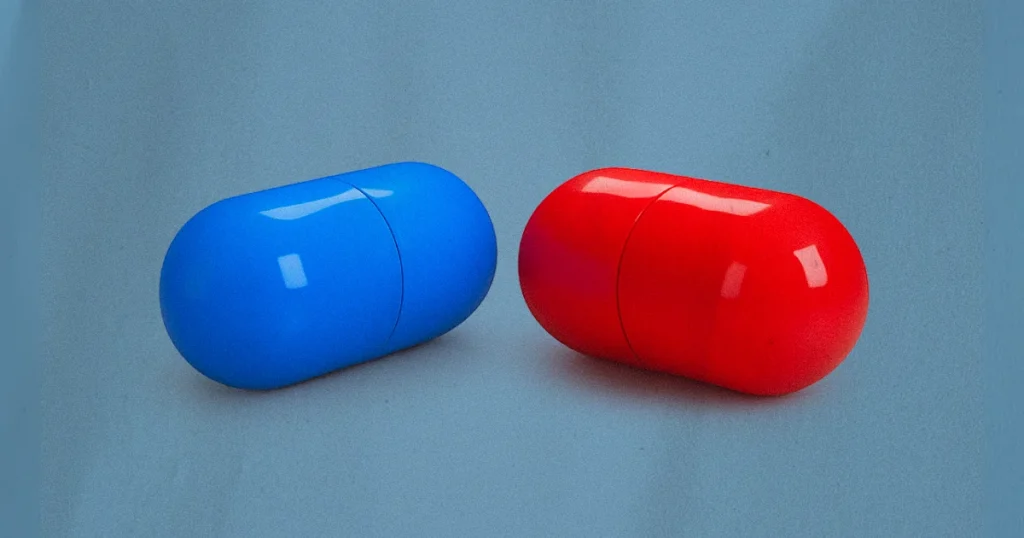 is social media worth it for small business blog post - graphic depicting a red pill and a blue pill, a nod to the ultimate choice between reality and fantasy in the film the Matrix